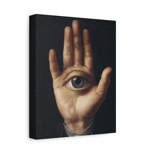 A high-contrast matte canvas print featuring a surrealist artwork. Centered against a dark, textured charcoal background, a realistic, pale hand is held up, palm forward. Embedded in the center of the palm is a detailed, light blue human eye, looking directly at the viewer. The hand emerges from a formal, dark suit cuff with a white ruffled sleeve, adding a touch of vintage, academic style. The overall mood is mysterious, gothic, and scholarly, suitable for dark academia or maximalist decor.